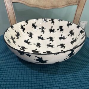 Broom Flying Wicked Witch Black Silhouettes Large White Stoneware Serving Bowl